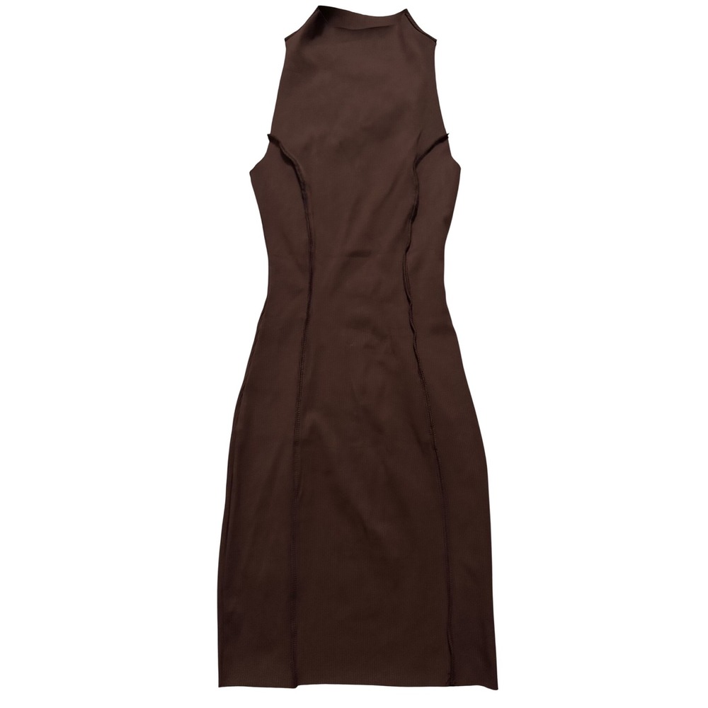 Naked Wardrobe Womens Dark Brown Ribbed Mock Neck Exposed Seam Mini Dress Large